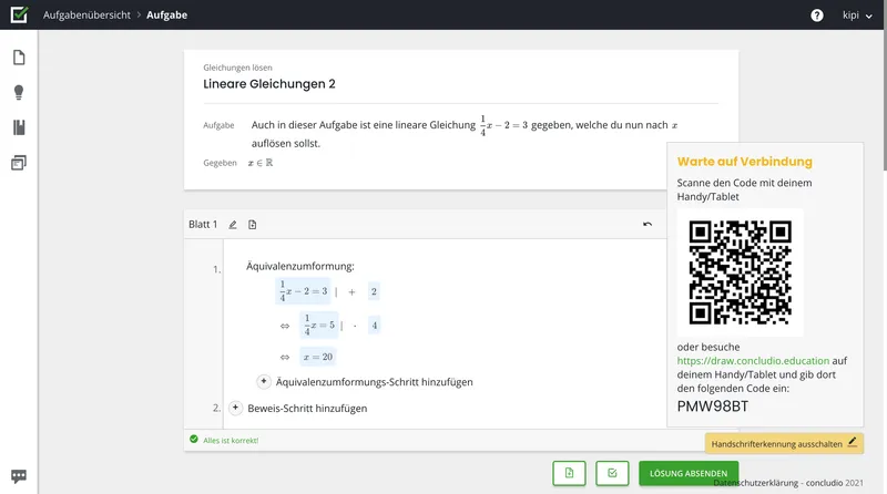 A linear equation solution in concludio editor