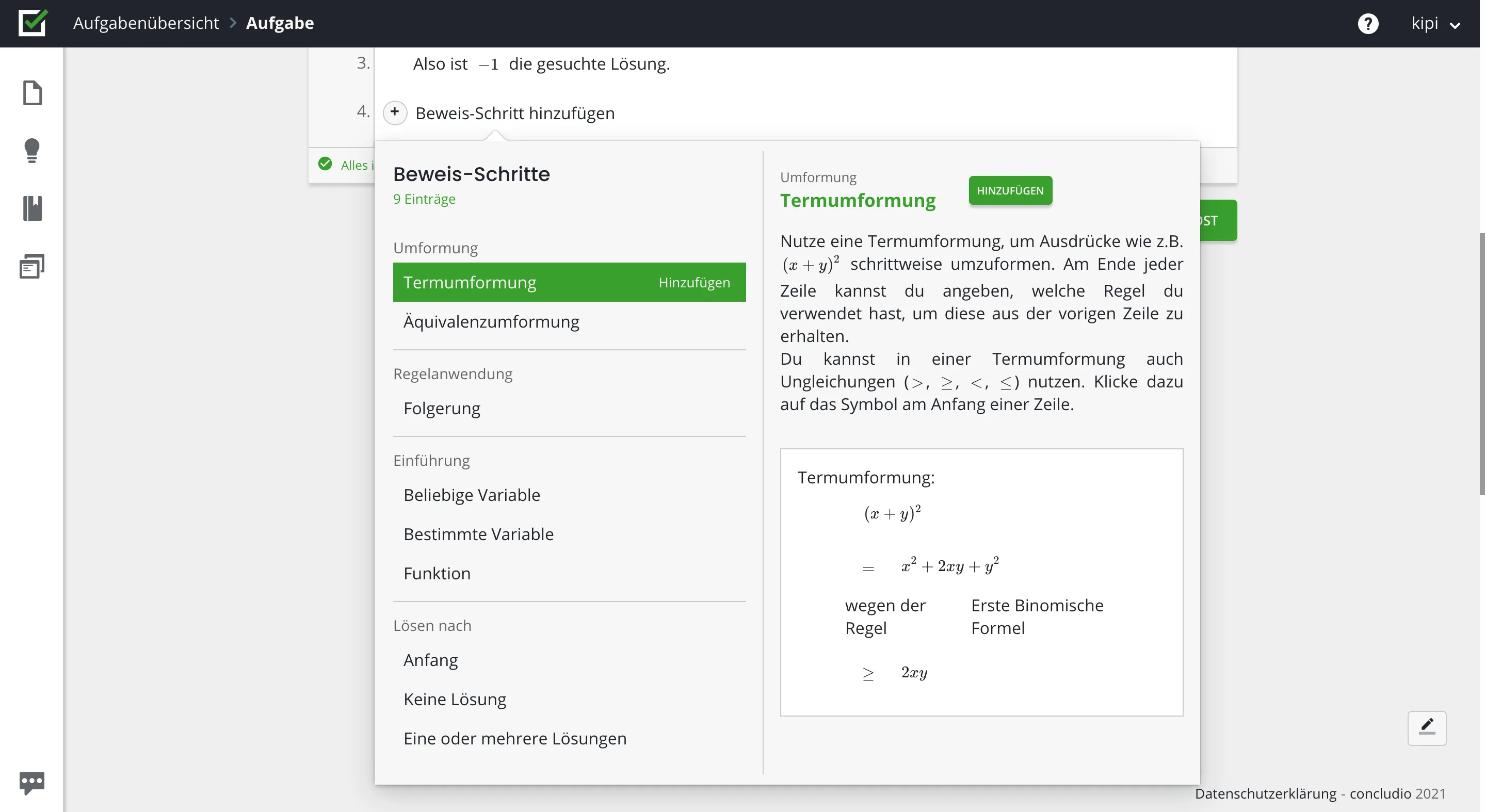 Step-by-step explanation and example in concludio