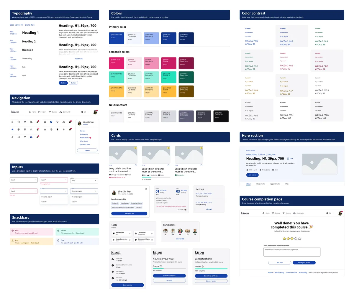 A snippet of the design system at Kiron including typography, color, navigation, inputs, cards, and compositions