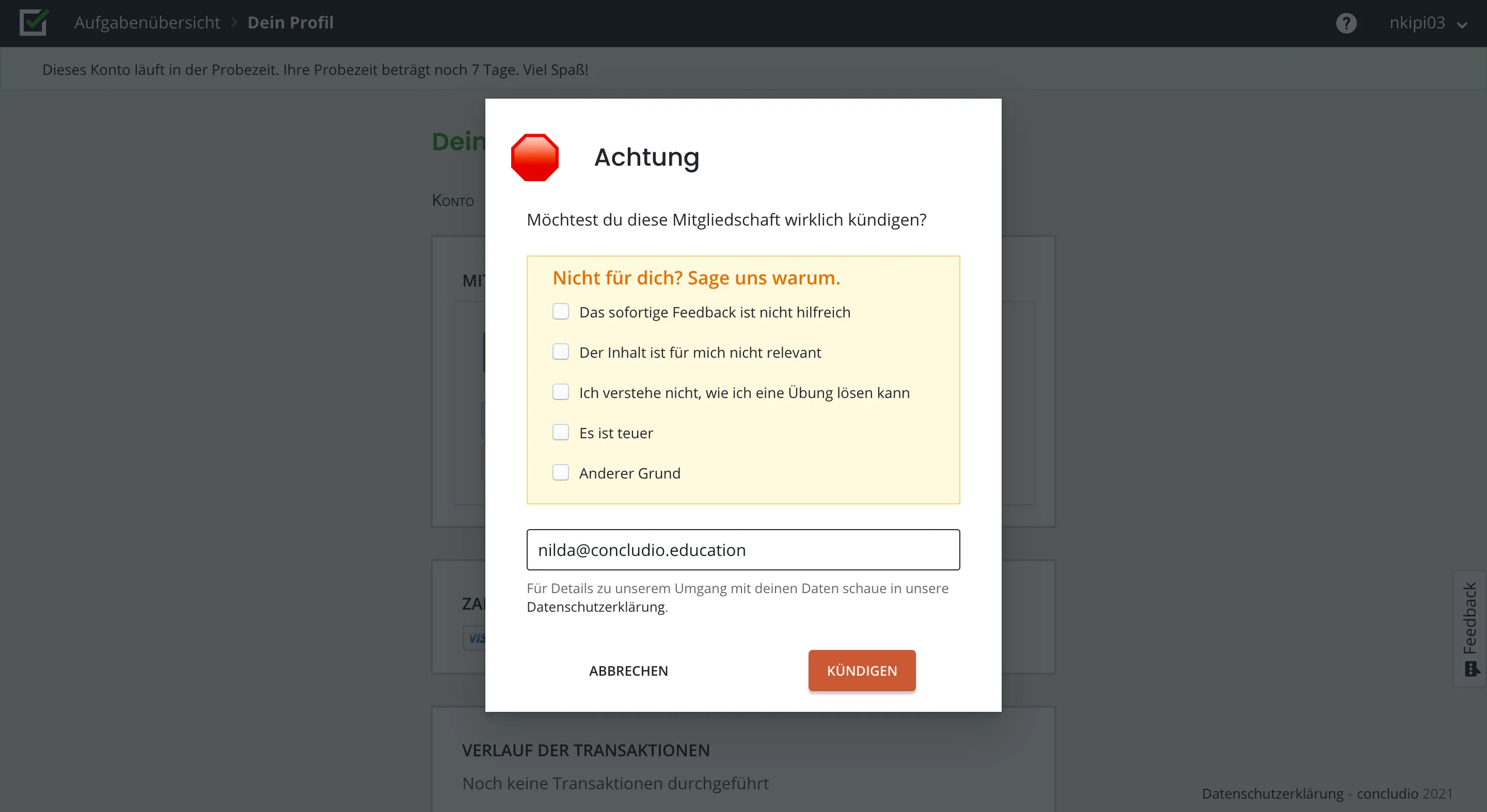 The churn dialog shown when a trial user cancelled their subscription