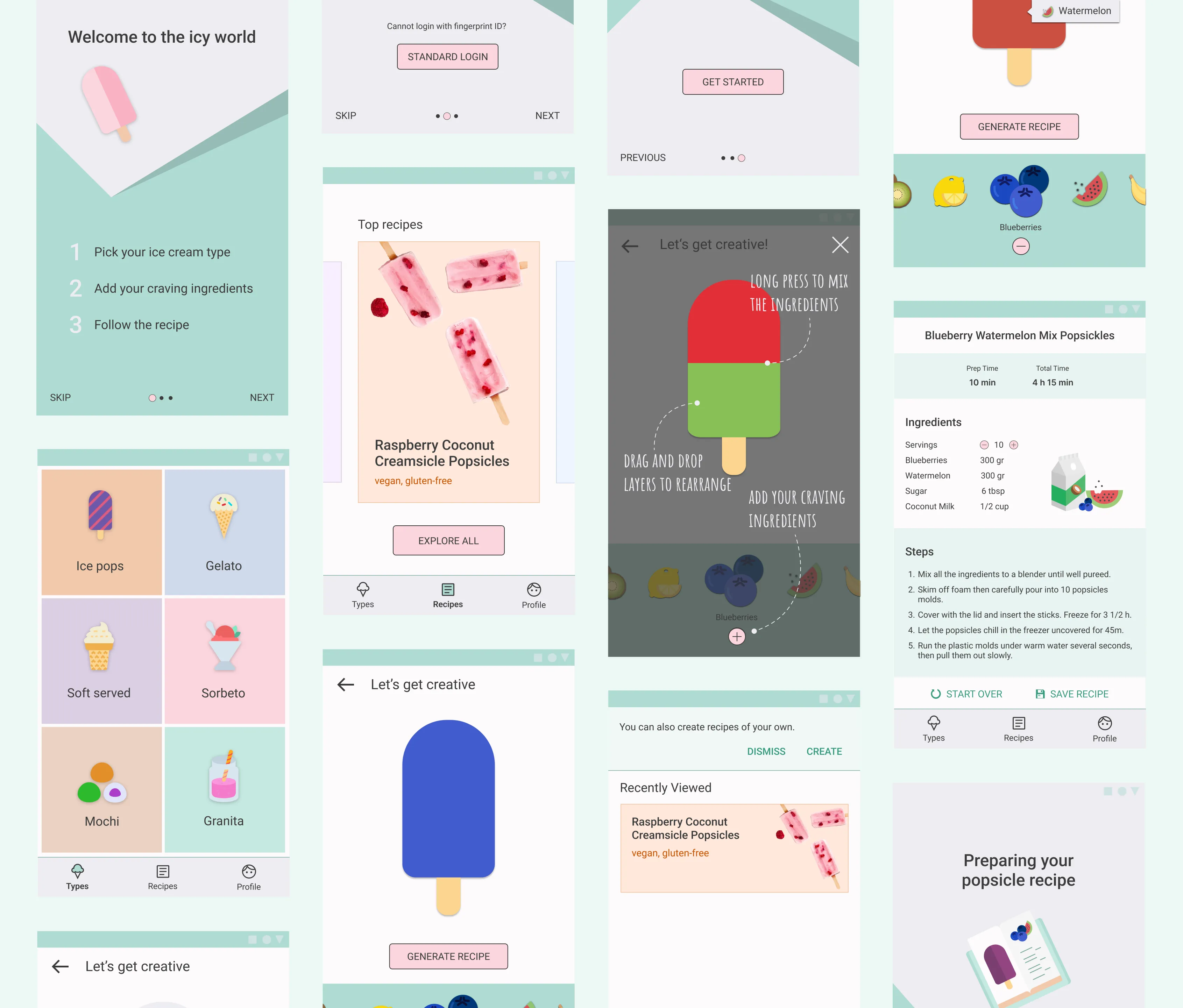 Ice cream recipe app mobile pattern mockups