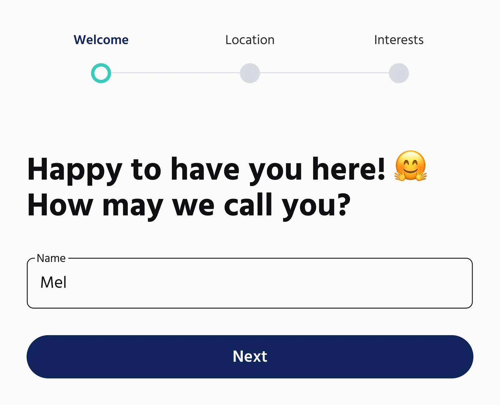 The welcome step during the Kiron signup flow asking about the learner's name