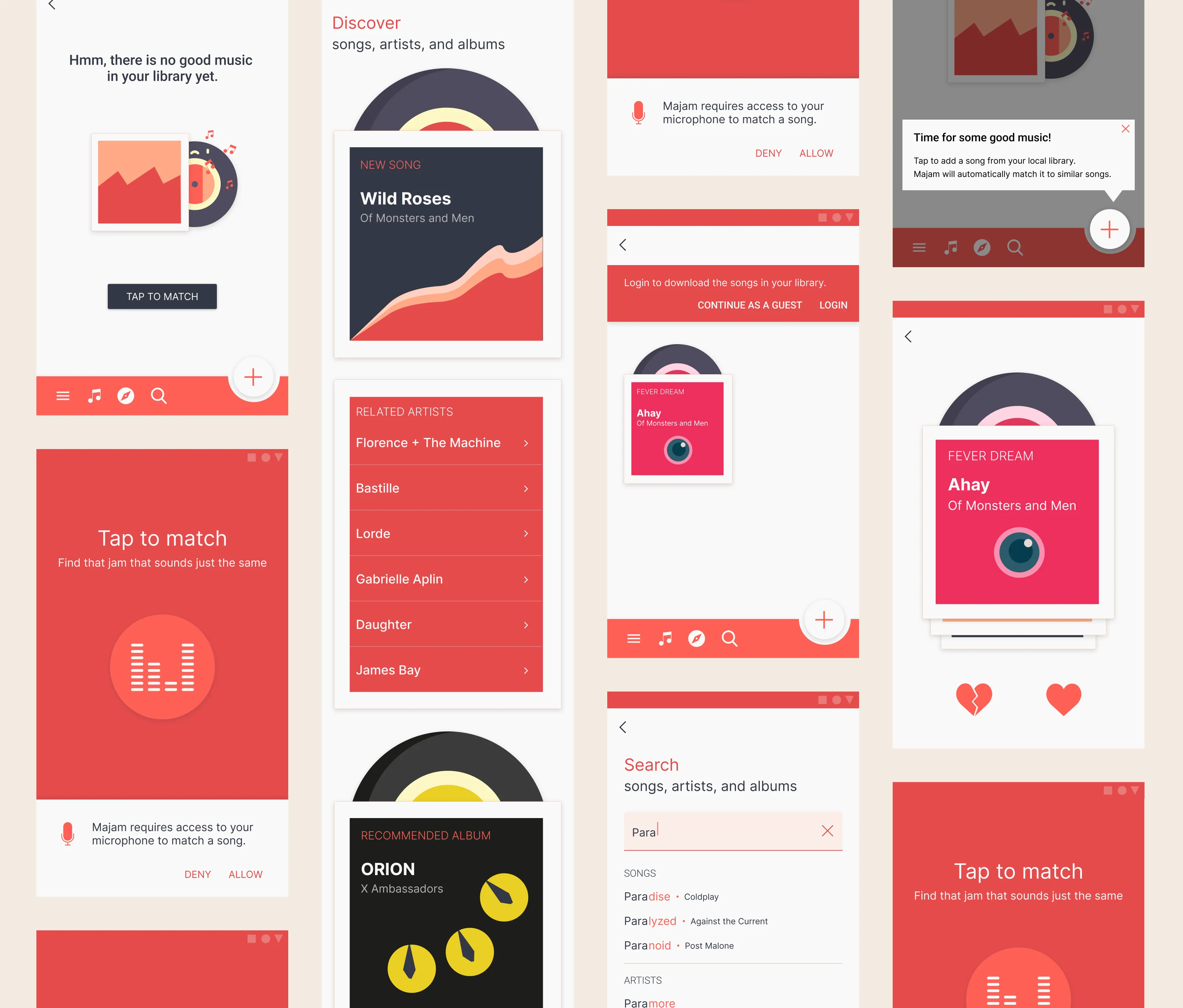 Music app mobile pattern mockups