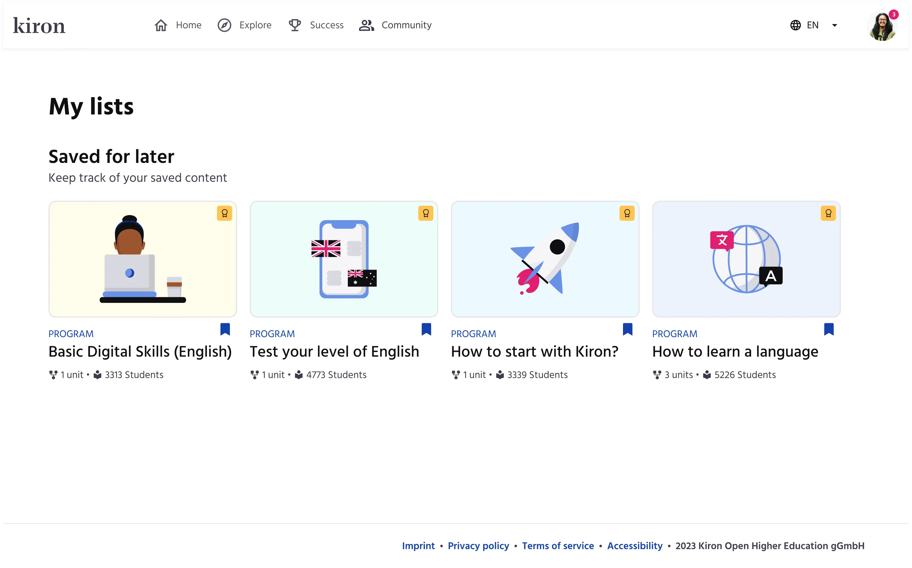 My lists page — four items saved