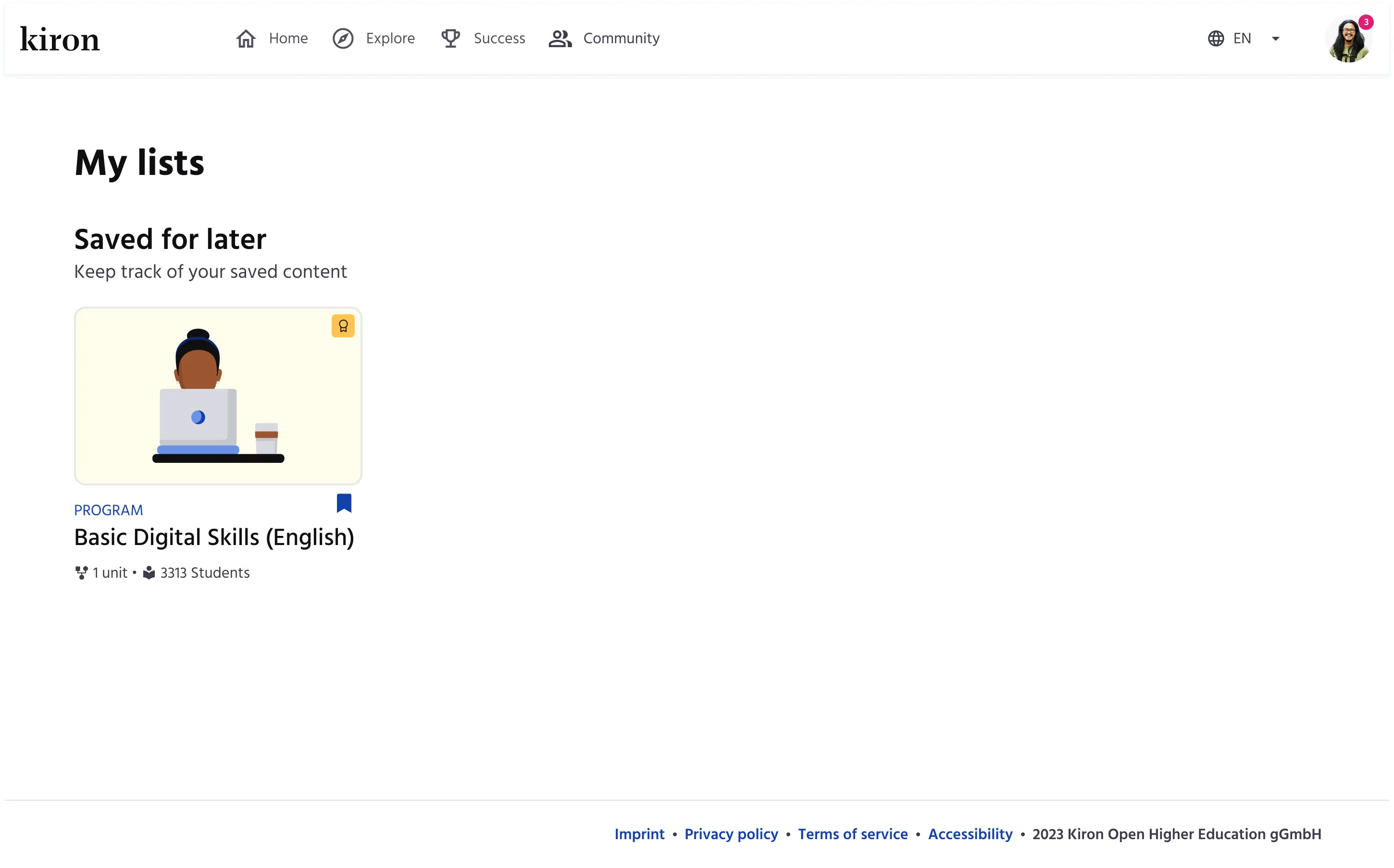 My lists page — one item saved (web)