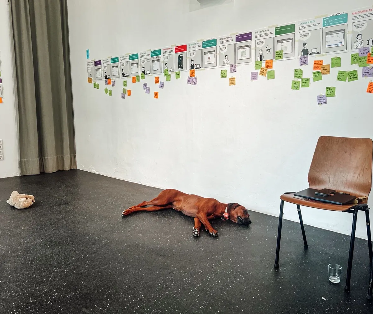A brown dog laying on the floor of a coworking space