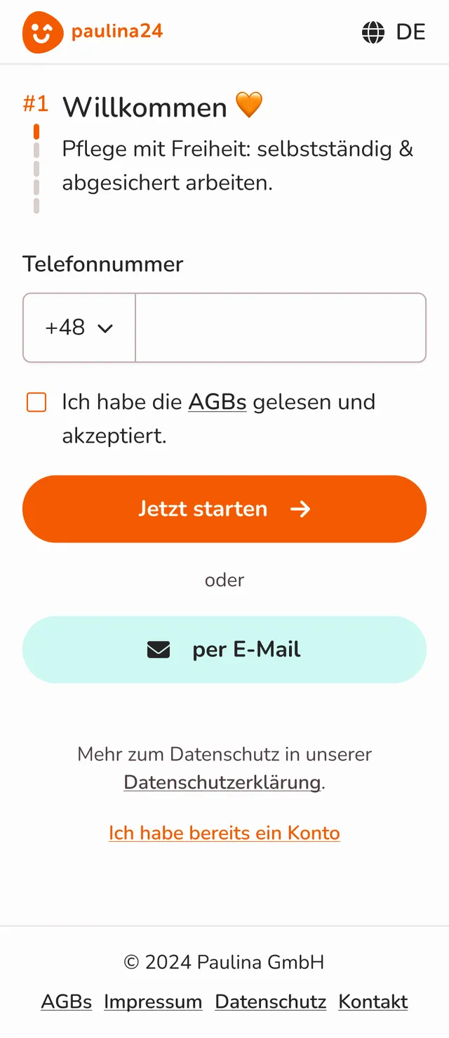 Paulina24 mobile screen of the first page in the signup funnel